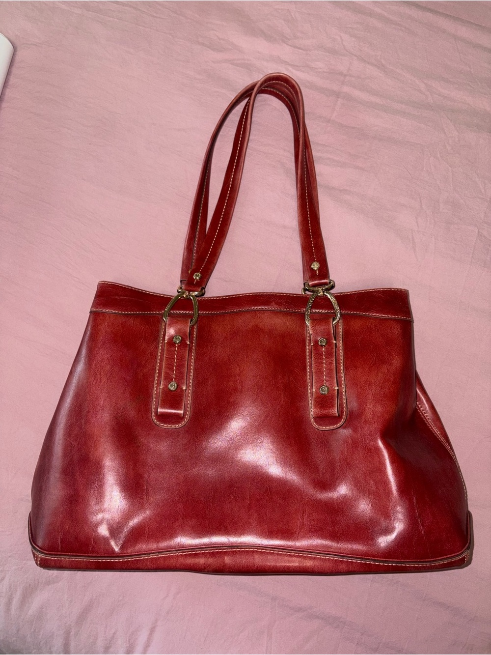 Liz Claiborne Deep Red Leather Tote with Gold-Tone Hardware